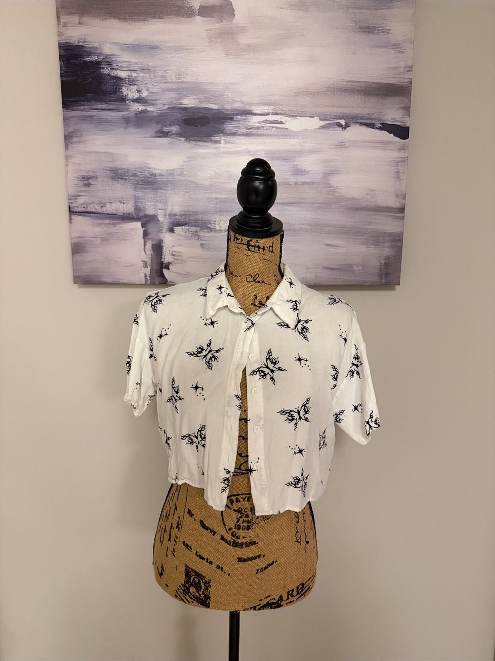 Women's White Short-Sleeve Cropped Button-Up Top with Black Butterfly Print